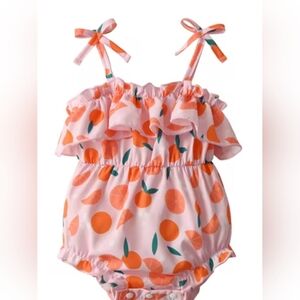 Pink & Orange Citrus Print Baby Romper | Tie Strap Ruffle Bodysuit | 6–12M #1874
